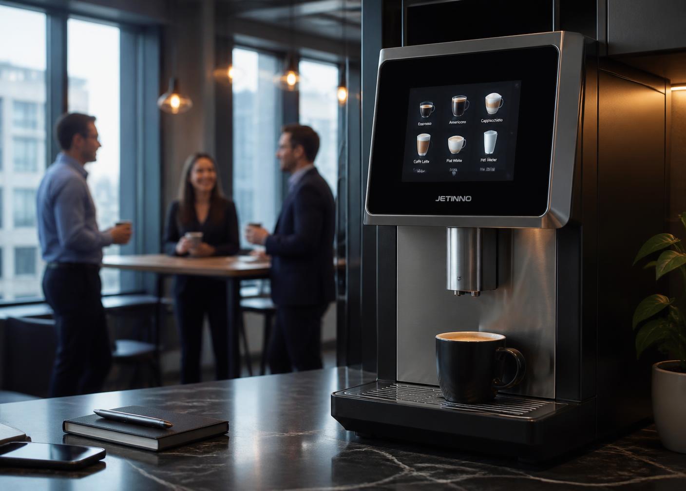 Coffee vending machine serving a fresh cup in a modern office pantry